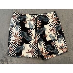 PacSun Mens Large Swim Trunks Tropical Floral Checkerboard Board Shorts Black L